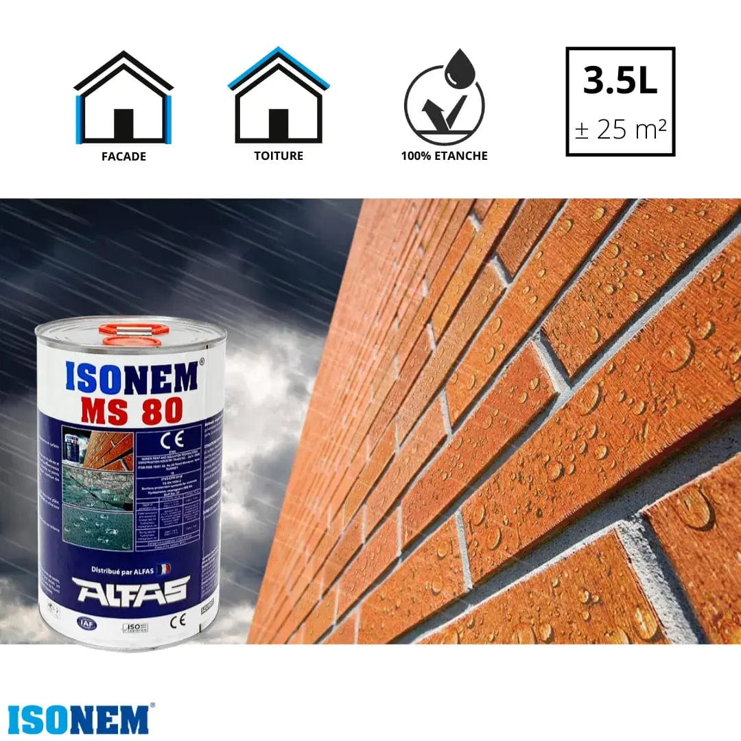 ISONEM by ALFAS Protection façade 3.5 L ISONEM® MS80 - Imperméabilisant - Protection façade, Toits, Tuiles, Pierres - Hydrofuge incolore - 3,5 Litres ± 25 m²